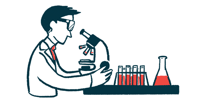 A cartoon of a scientist at a lab bench with a microscope and test tubes