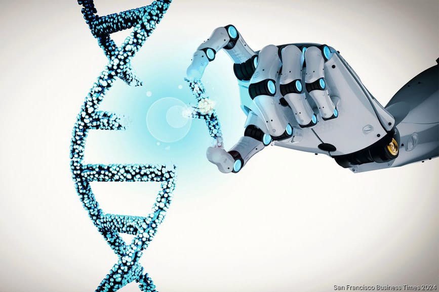 Graphic depiction of robot hand editing DNA