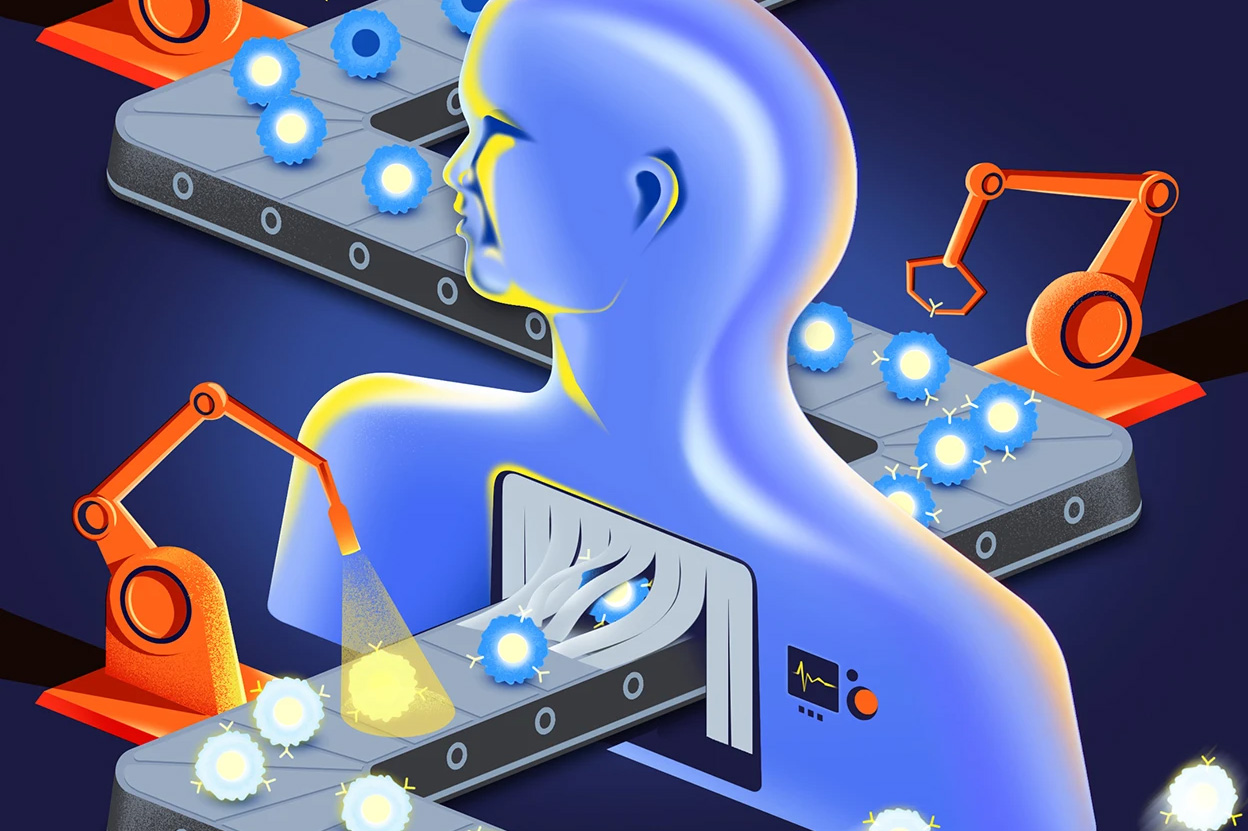 Artists's depiction of cell assembly line